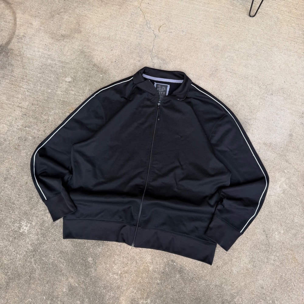 Old Navy Mens XXL Black Track Jacket Full Zip White Sleeve Stripe Mock Neck